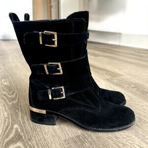 Vince Camuto Suede Triple Buckle Moto Boots Black Gold Hardware Size 9M